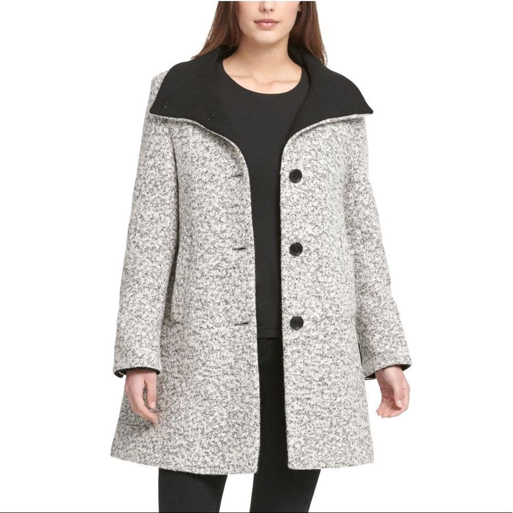 Dkny Single Breasted Bouclé Wool Coat Size M